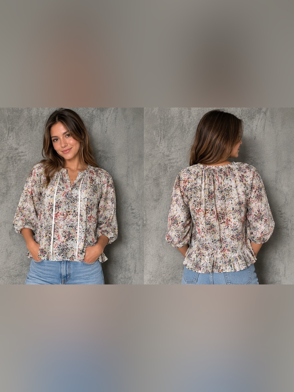 Hope & Harlow Boho Light Cream Floral Peasant Blouse with Ruffled Hem size 1X